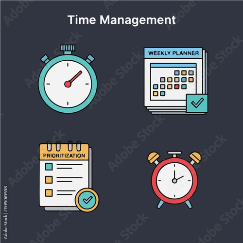 Illustration showing time management tools: stopwatch, planner, prioritization list, and alarm clock.