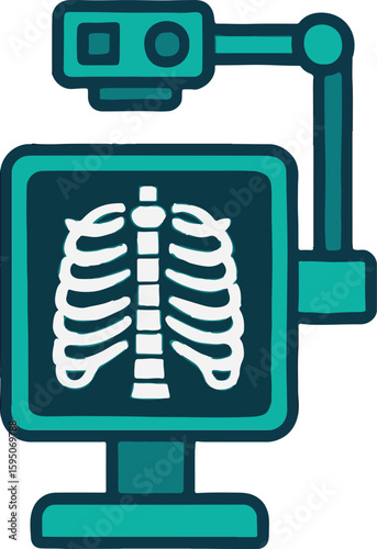 X-ray in Medical Facility: a medical illustration depicting an x-ray machine with an x-ray image of a human torso, emphasizing concepts of health, diagnostics and technological innovation.