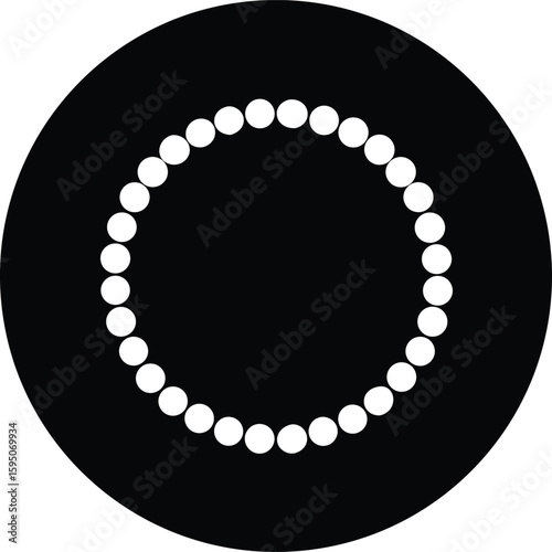 Circular arrangement of white pearls on a black background forming an oval shape