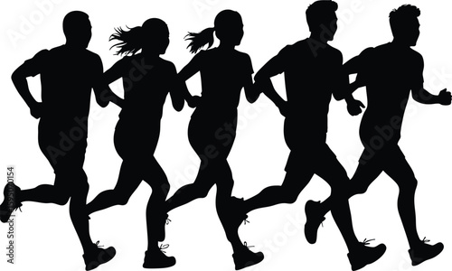 Group running team silhouette vector, transparent background