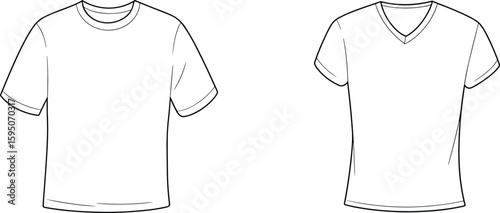 Blank flat sketch of crew neck and v-neck t-shirt design template, fashion vector outline, front view, technical drawing illustration