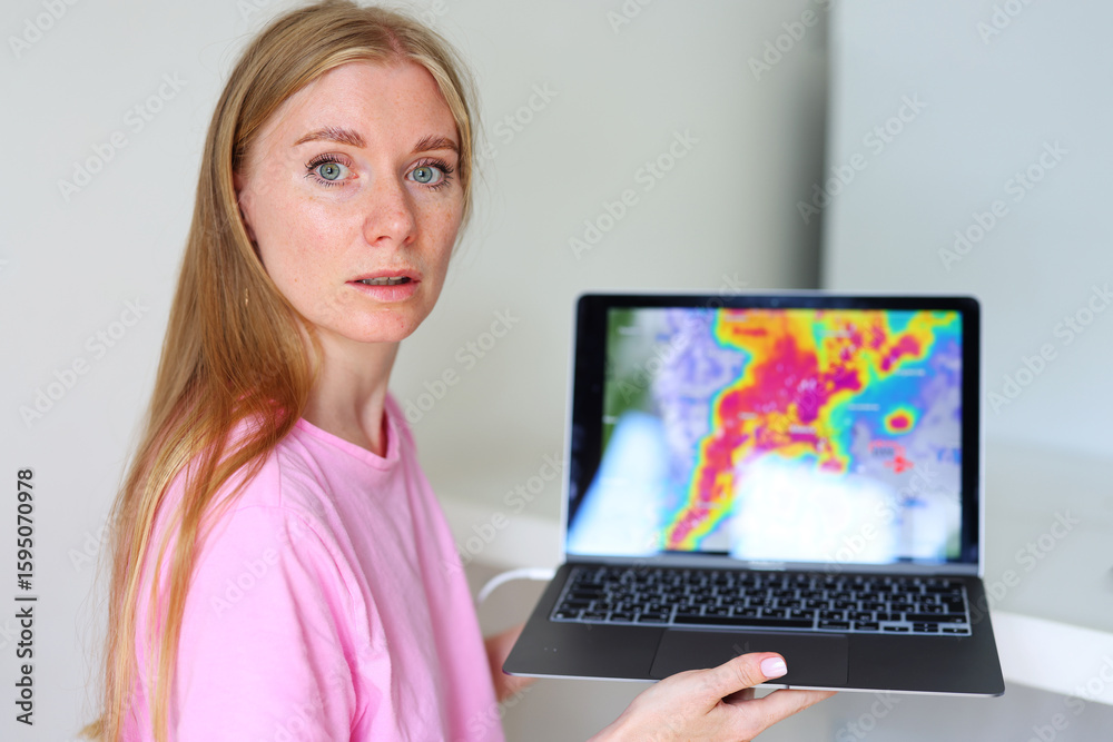 Woman holding laptop with storm radar, severe weather alert, emergency preparedness concept. Woman holding laptop with storm radar, severe weather alert, emergency preparedness concept.