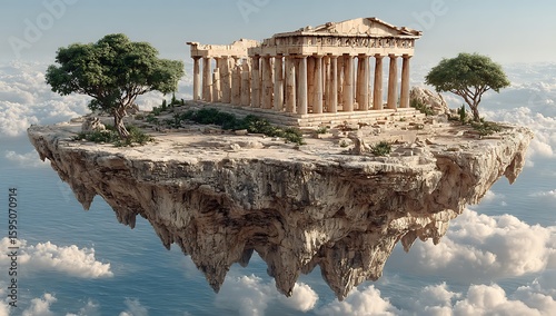 A Parthenon Replica on a Surreal Floating Island above Clouds and Ocean a Digital Artwork Depicting an Ancient Greek Temple on a Rocky Clifftop in a Dreamlike Setting with Lush Green Trees