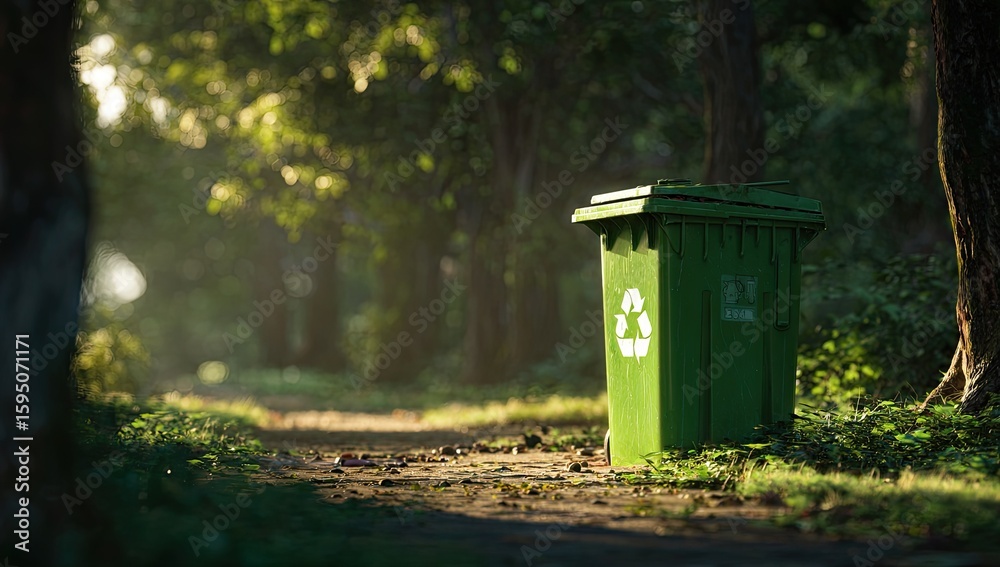 Fototapeta premium Green recycling bin in a sunlit forest path