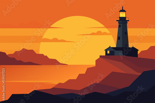Golden Sunset Behind a Lighthouse on Rocky Shore