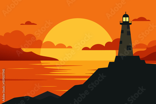 Golden Sunset Behind a Lighthouse on Rocky Shore