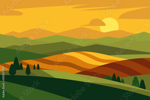 Rolling Hills in Tuscany Bathed in Sunset Light