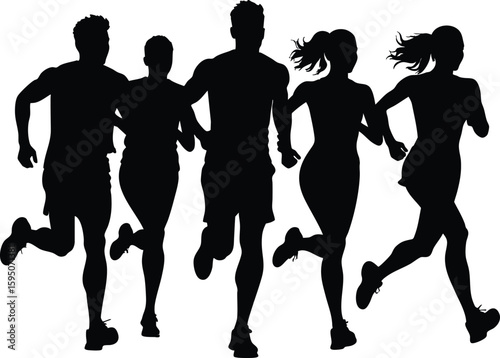 Group of male and female running silhouette vector on transparent background