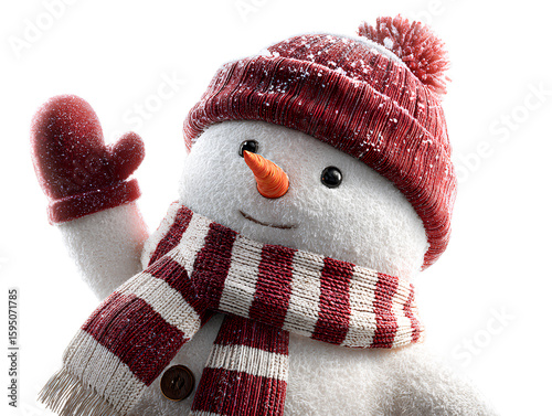 Playful Snowman with Red Beanie Hat and Striped Scarf, Side Angle, Isolated on Transparent Background PNG