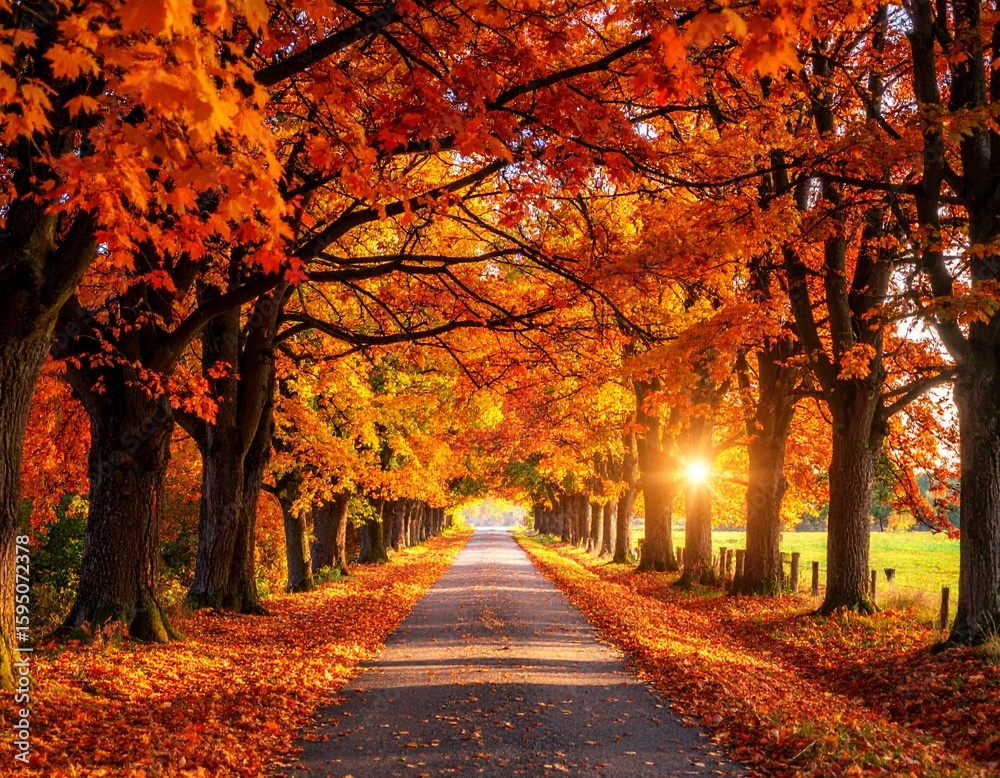 Fototapeta premium Straight road with autumn leaves