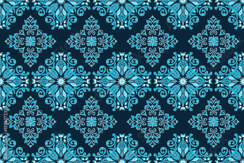 Elegant Blue Damask Floral Pattern – Seamless Vintage Design for Fabric, Carpet, Wallpaper, and More