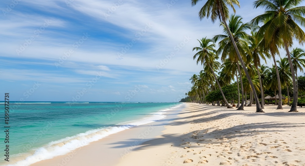 Obraz premium The serene white sand beach stretches along the turquoise ocean under a partly cloudy blue sky.