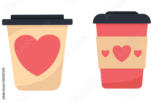 Romantic Coffee Cups with Heart for Valentine's Day. Cute Takeaway Tea Mugs with Love Hearts