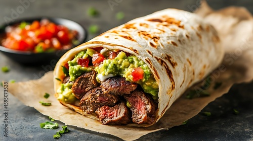 Fototapeta Naklejka Na Ścianę i Meble -  Grilled Steak Burrito with Guacamole and Salsa