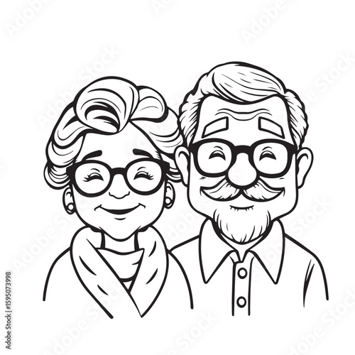Cute grandma and grandpa with glasses vector design black and white illustration.