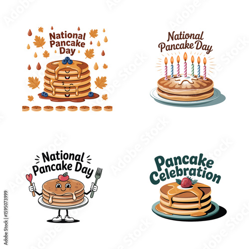 Four cartoon pancake illustrations for National Pancake Day celebration pancakes