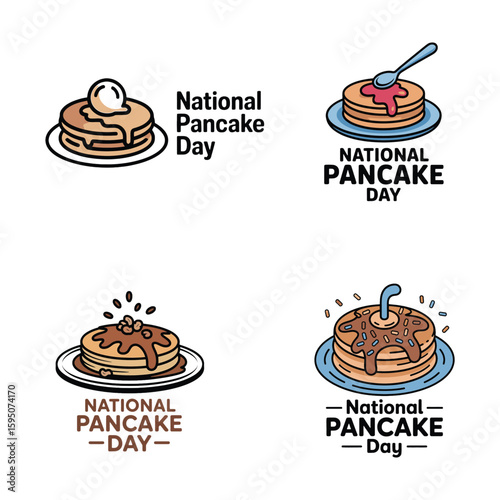 Four illustrations of pancakes with syrup and toppings for National Pancake Day breakfast