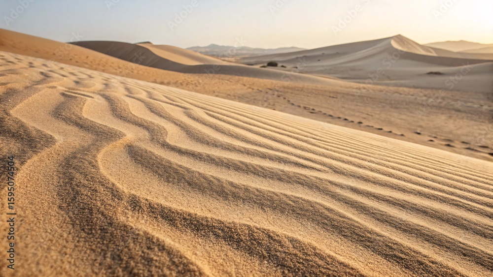 Naklejka premium Desert sand dunes with wind patterns, golden sand texture landscape, natural wavy lines, minimal warm sunset light, nature background