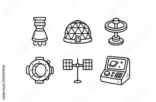 space rocket thruster, space habitat dome, space gravity generator, space docking port, space solar array, space navigation console