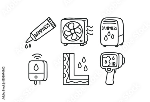 dampness sealant tube, dampness drying fan, dampness dehumidifier unit, dampness water sensor, dampness insulation barrier, dampness IR camera