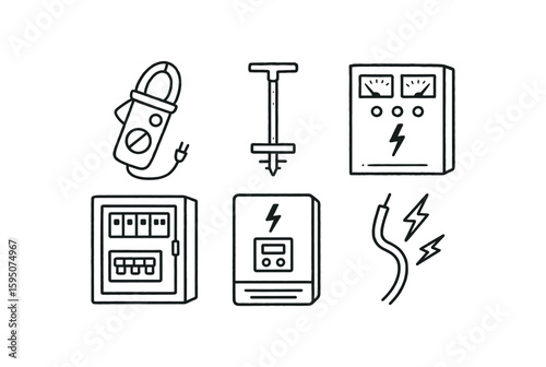 electricity current clamp, electricity grounding rod, electricity switchgear panel, electricity distribution box, electricity inverter module, electricity live wire