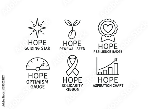 hope guiding star, hope renewal seed, hope resilience badge, hope optimism gauge, hope solidarity ribbon, hope aspiration chart