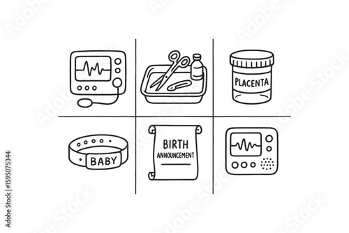 labor contraction monitor, midwife tray set, placenta specimen container, neonatal ID band, birth announcement scroll, first cry recorder