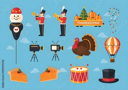 Thanksgiving Parade Flat Icons Set
