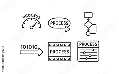 process throughput meter, process stage marker, process algorithm block, process data stream, process timecode strip, process orchestration panel