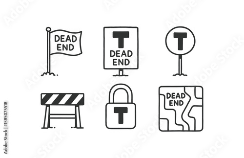 dead end end-of-line flag, dead end impasse chart, dead end termination buffer, dead end stopper gate, dead end lock shackle, dead end blind alley map