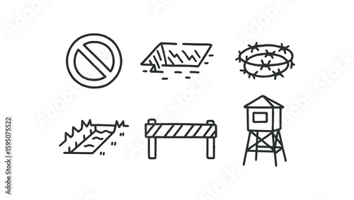 impassability no-entry sign, impassability trench obstacle, impassability barbed wire roll, impassability moat barrier, impassability road closure gate, impassability sentinel tower