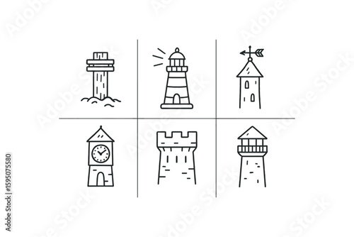tower foundation pile, tower lighthouse beacon, tower wind vane, tower clock face, tower battlement wall, tower observation deck