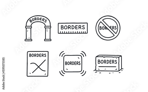 borders checkpoint gateway arch, borders margin measuring ruler, borders no-entry signage icon, borders treaty line plot, borders perimeter sensor pad, borders division line carving