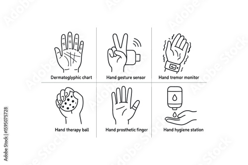 hand dermatoglyphic chart, hand gesture sensor, hand tremor monitor, hand therapy ball, hand prosthetic finger, hand hygiene station