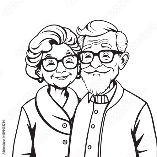 Cute grandma and grandpa with glasses vector design black and white illustration.