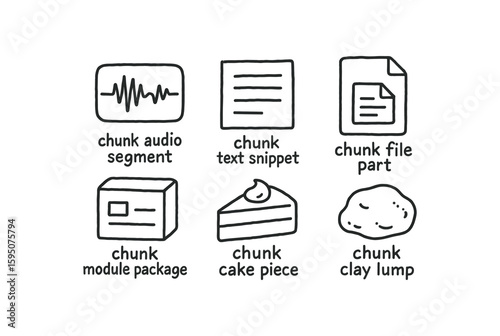 chunk audio segment, chunk text snippet, chunk file part, chunk module package, chunk cake piece, chunk clay lump