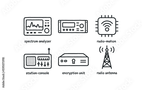 radio spectrum analyzer, radio broadcast encoder, radio modulation chip, radio station console, radio encryption unit, radio antenna mast