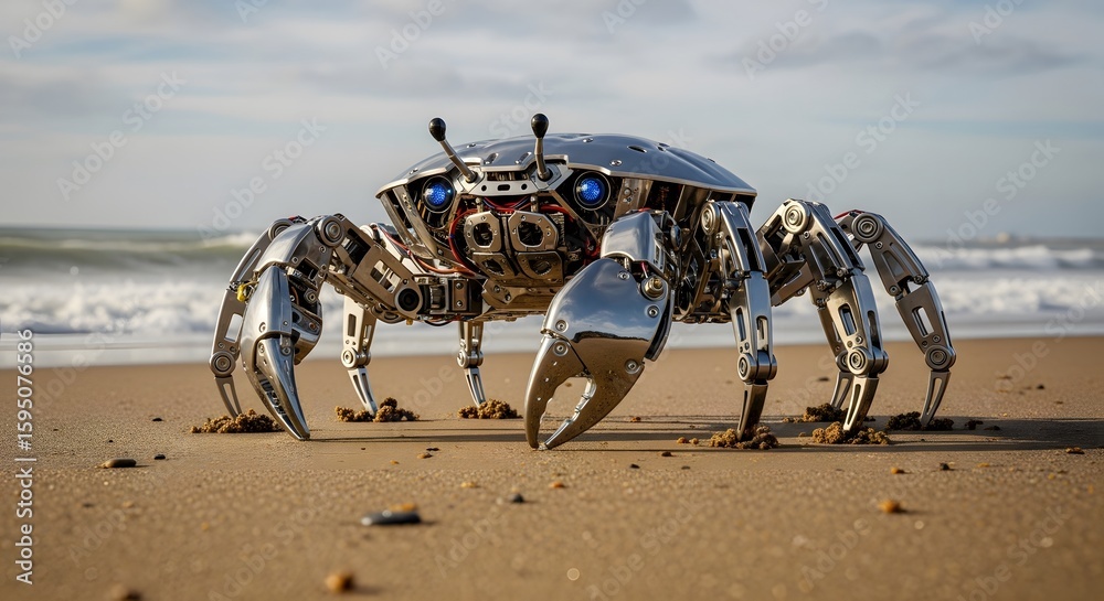 Obraz premium Chrome Crab Robot Strolling Along Sandy Beach Ocean Waves Gentle Breezes Mechanical Marvel Beachscape Engineering Masterpiece