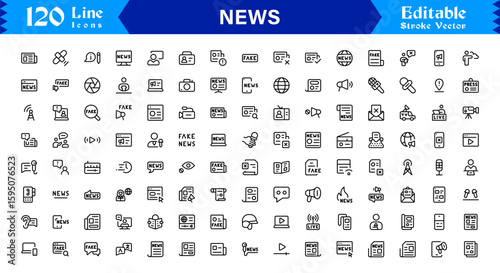 News journalism headline spotlight icons line icon set, professional modern minimal outline collection of media press report symbols vector graphics