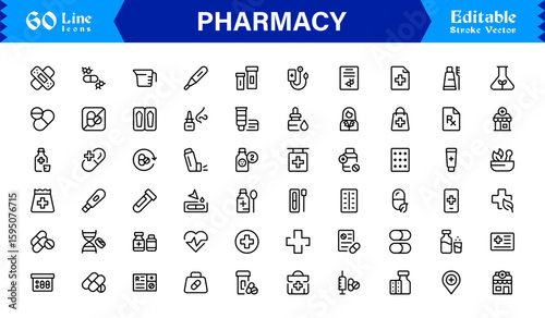 Pharmacy Icon Set in Vector Style Featuring Medicine, Pills, Prescription, Health, and Medical Tools for Healthcare