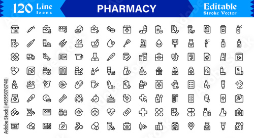 Pharmacy Icon Set in Vector Style Featuring Medicine, Pills, Prescription, Health, and Medical Tools for Healthcare