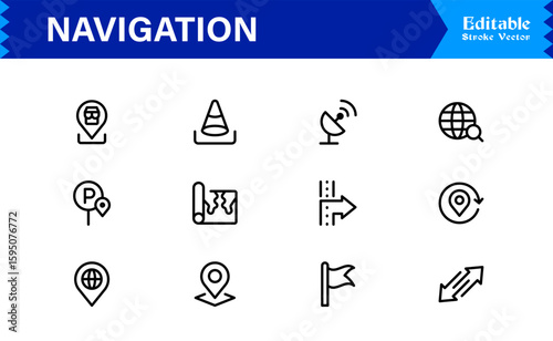 Navigation Icon Set Featuring Compass, Map, Location Pins, and Direction Symbols in Vector Style