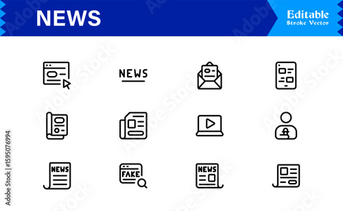 News journalism headline spotlight icons line icon set, professional modern minimal outline collection of media press report symbols vector graphics