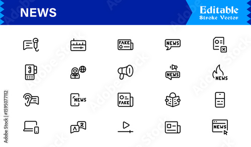 News journalism headline spotlight icons line icon set, professional modern minimal outline collection of media press report symbols vector graphics