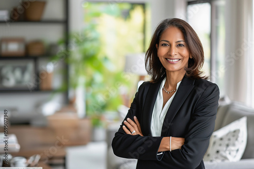 Indian female real estate agent standing inside modern home