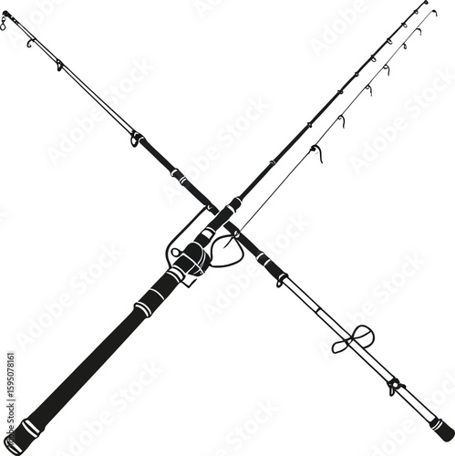 Striking Illustration Of Two Crossed Fishing Rods Depicting Recreational Sport And Angling Adventure In Bold Black And White Silhouette Style For Outdoor Enthusiasts And Fishing Gear Promotion