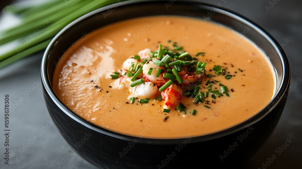 Creamy Lobster Bisque in a Black Bowl Garnished with Chives and Lobster Pieces Creamy Lobster Bisque in a Black Bowl Garnished with Chives and Lobster Pieces