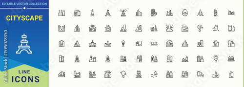 Cityscape line icon set. Includes symbols for urban, land, park, city park, outdoor, lake and more. Cityscape icon collection. Minimal icons collection. Editable stroke collections.