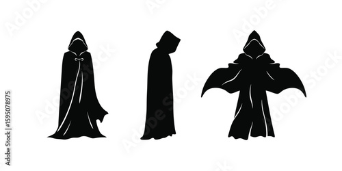 Mysterious cloaked figures in silhouette showcasing different poses and dramatic flowing robes against a clean white background vector illustration