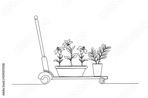 Gardening trolley in continuous one line drawing. Single line art illustration of trolley or cart for farming.